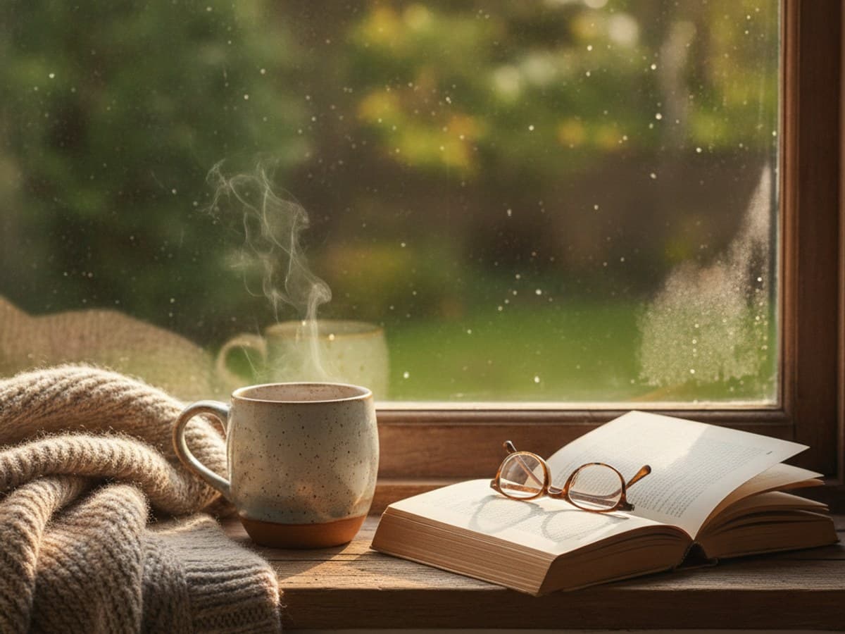 Cozy morning windowsill vignette with steaming ceramic tea mug, open paperback, and chunky wool blanket in sunlight