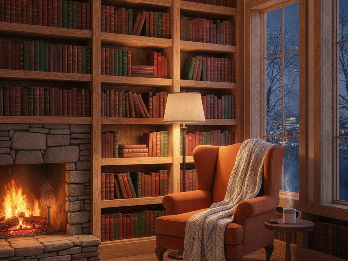 Warm reading nook with built-in oak bookshelves, plush armchair, stone fireplace and wool throw