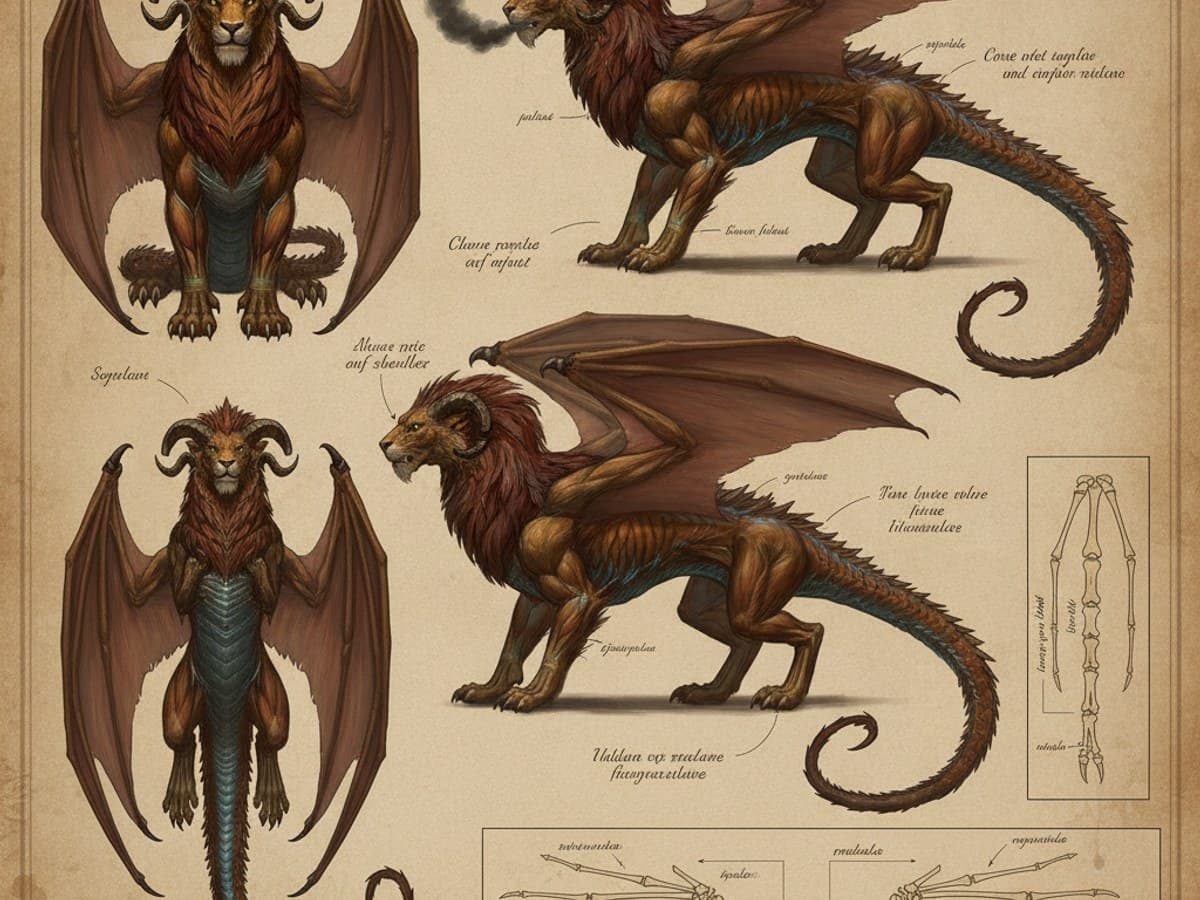 Turnaround creature model sheet with multiple angles and anatomical study notes on parchment
