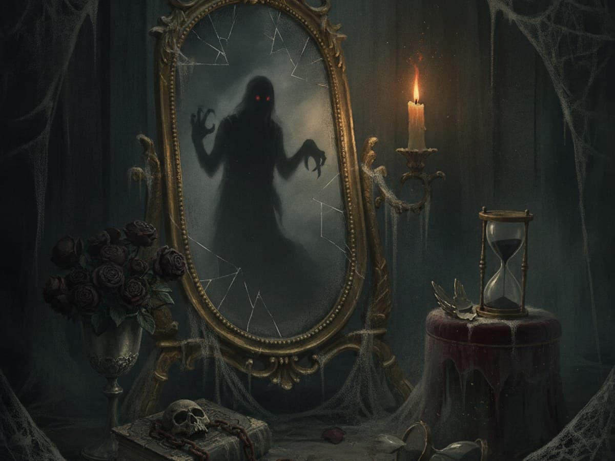 Antique cracked baroque mirror in a dusty cobwebbed room reflecting an ominous shadowy silhouette behind the viewer