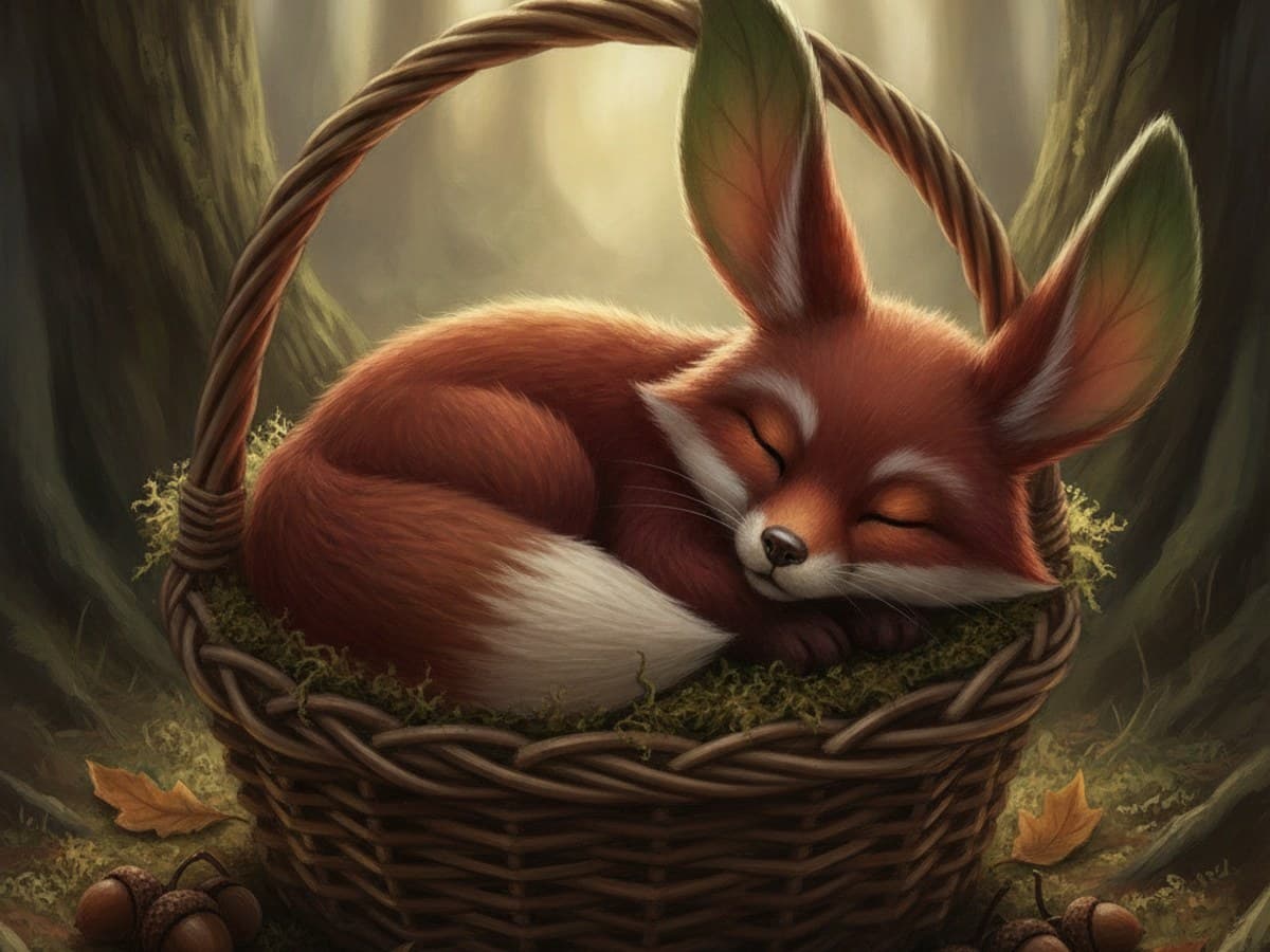 Cute fantasy acorn companion familiar with leaf ears resting in a woven moss basket