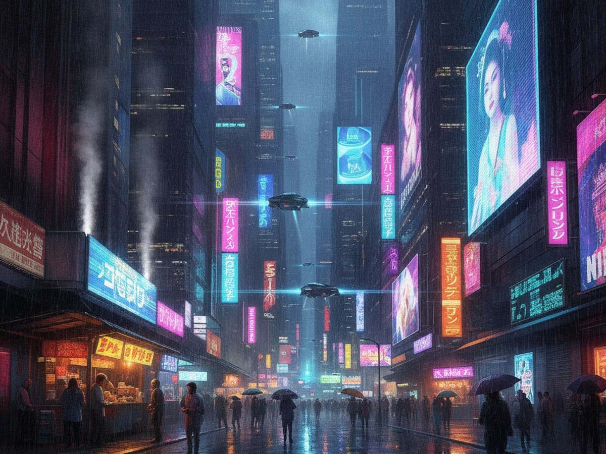 Rain-slicked cyberpunk megacity street at midnight with glowing neon billboards and flying vehicles