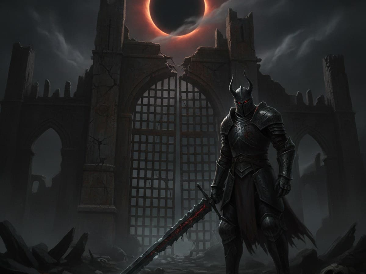 Dark fantasy horror illustration of a solitary cursed knight before a ruined fortress gate beneath a dark eclipse