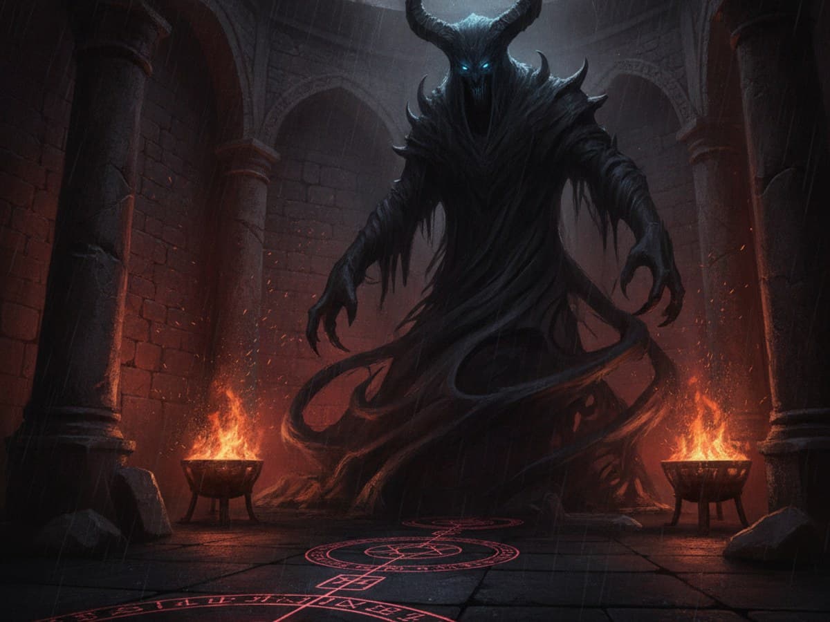 Ominous towering horned shadow entity looming within a stone ritual chamber with glowing occult carved sigils
