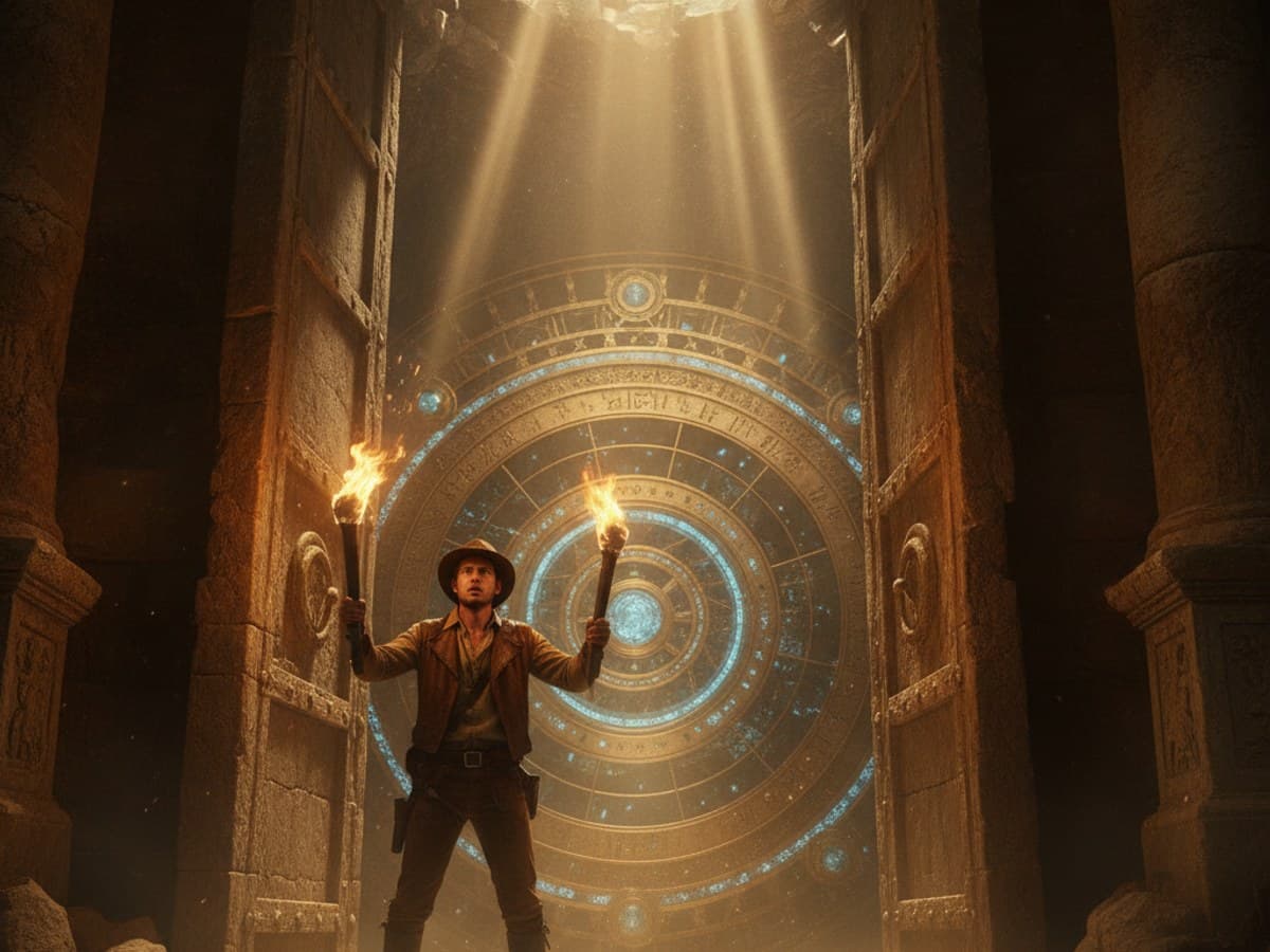 Discovery keyframe: explorer with a torch uncovering a monumental glowing celestial orrery mechanism in a stone vault