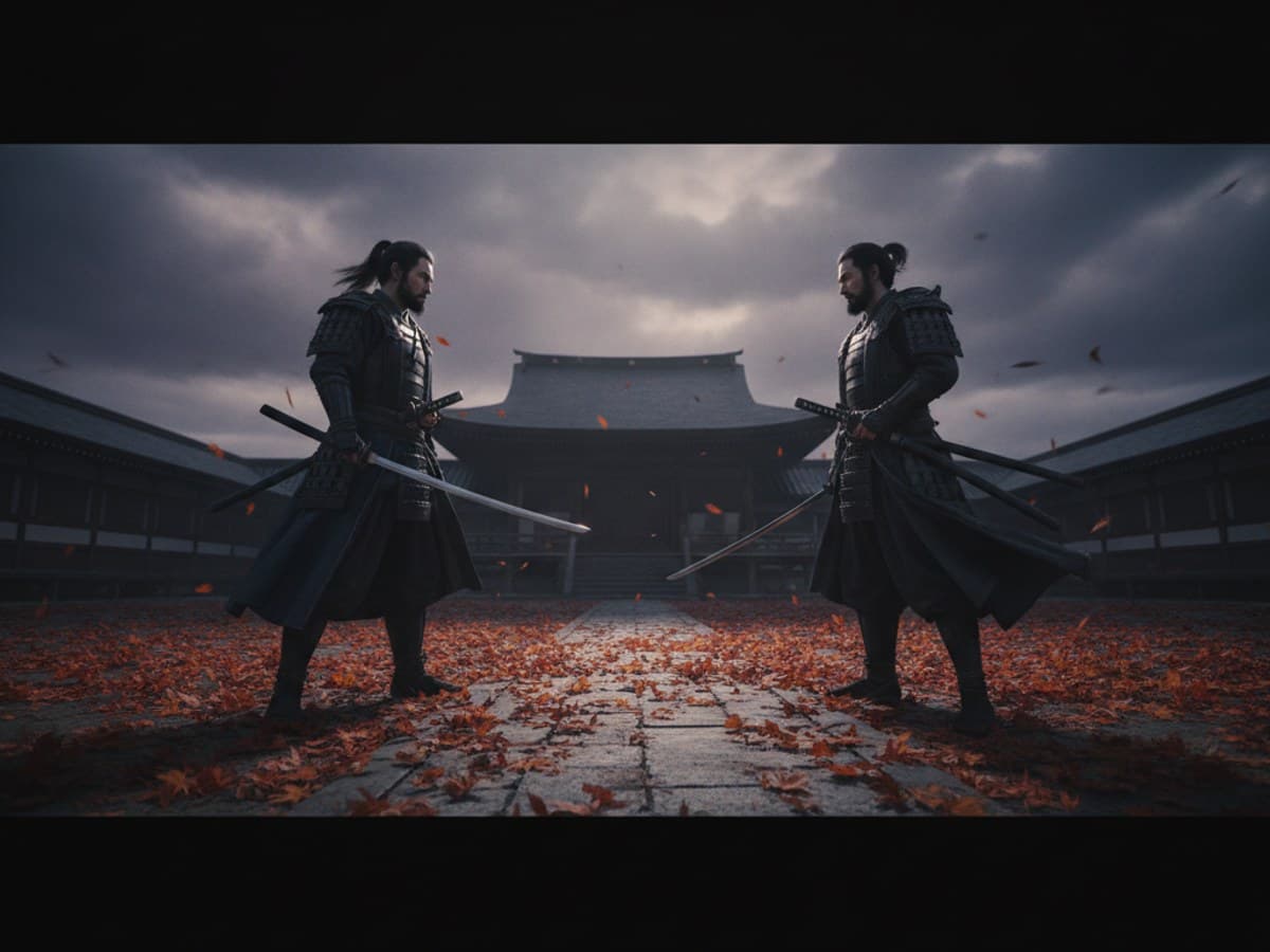 Dramatic confrontation keyframe: two rival swordsmen in a tense standoff in a wind-swept autumn courtyard
