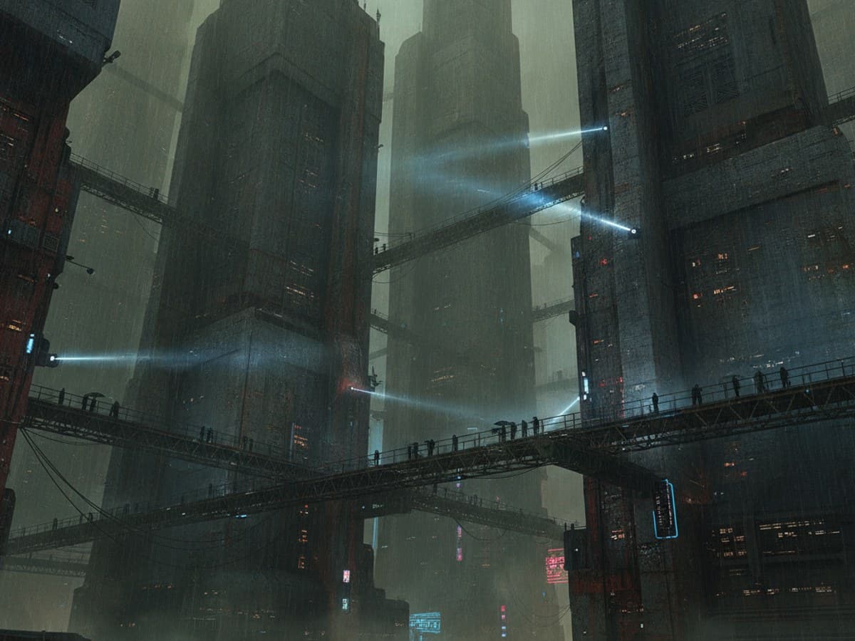 Gritty dystopian megacity with massive brutalist concrete megastructures under industrial smog