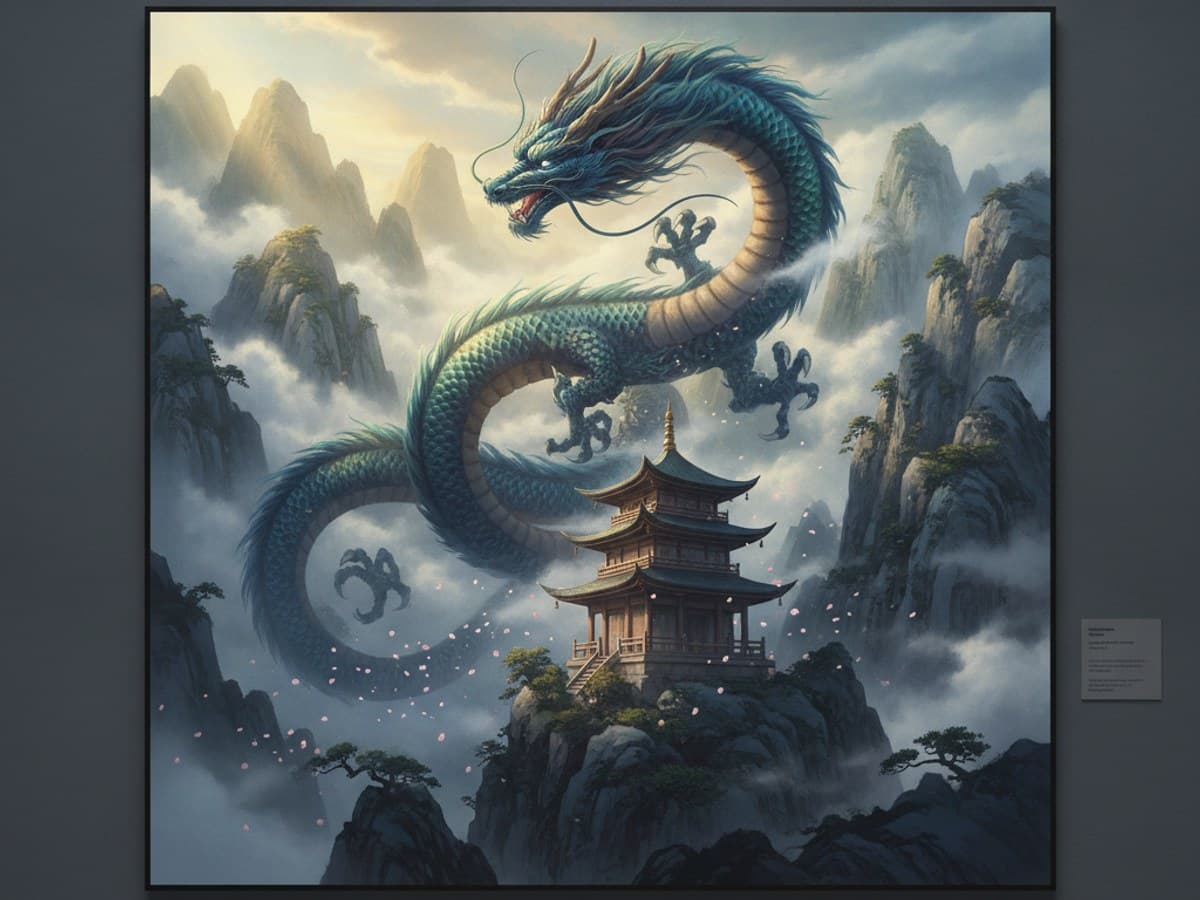 Majestic Chinese dragon coiling through misty mountain peaks above a traditional wooden pagoda shrine
