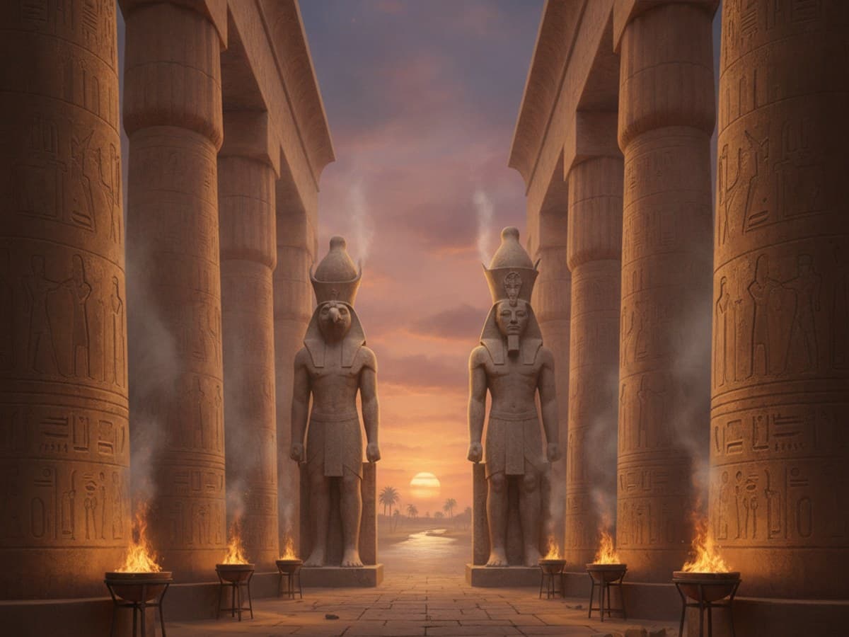 Monumental Egyptian temple of Karnak with carved lotus columns and statues of Horus and Ra
