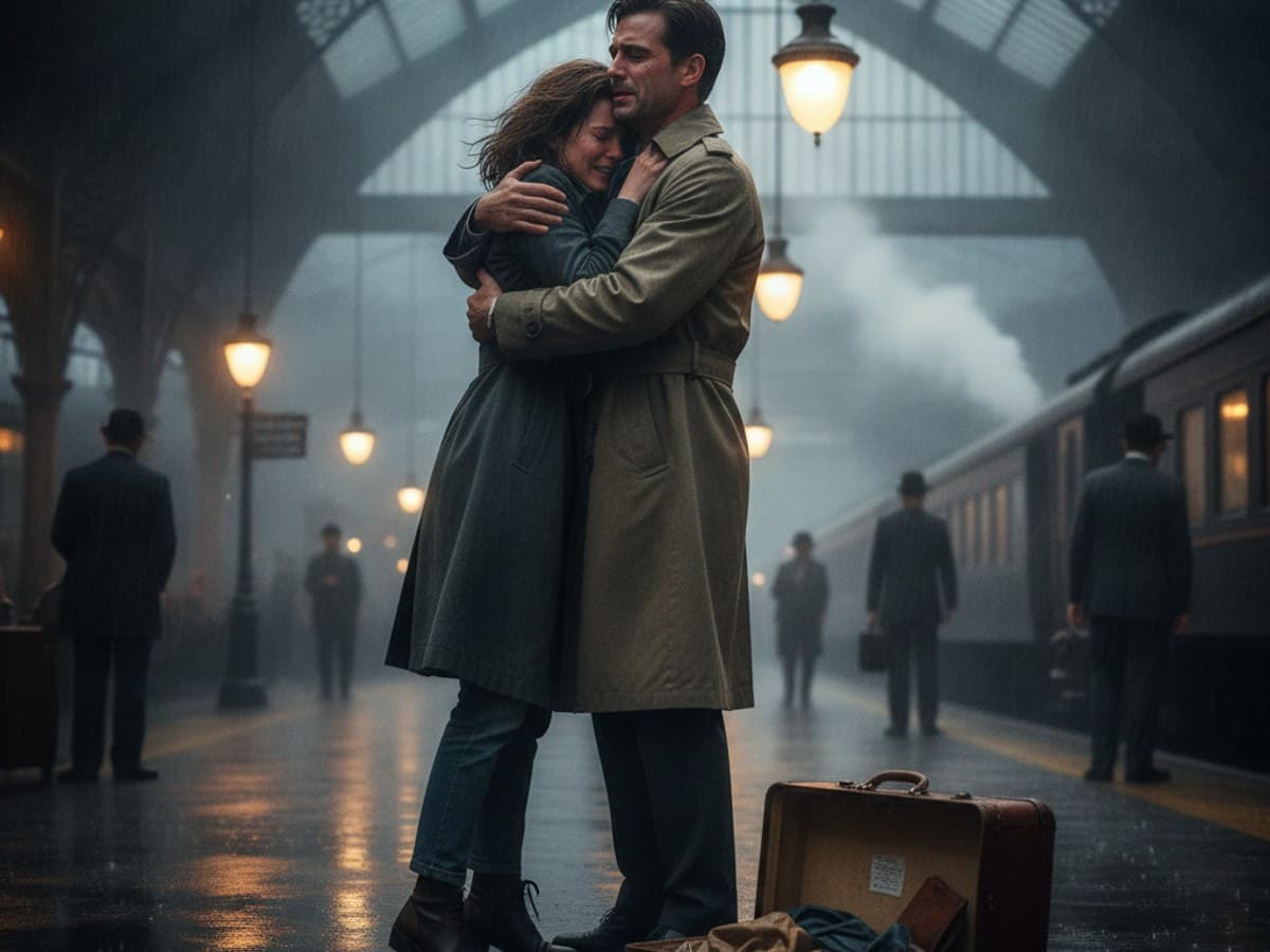 Emotional reunion keyframe: two travelers embracing on a rain-slicked train platform at dusk in warm lantern light
