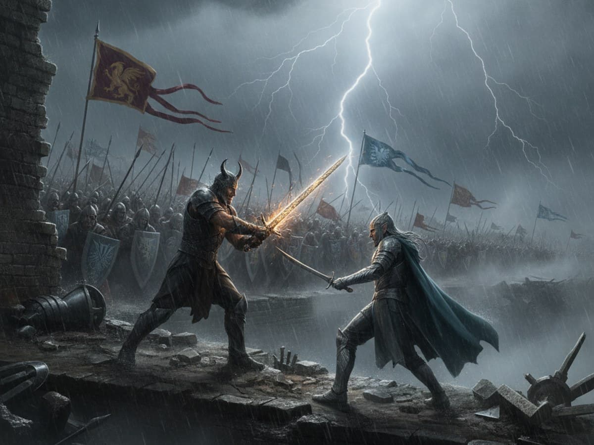 Epic fantasy battle keyframe: clashing warriors on a rain-drenched fortress wall under a storm sky