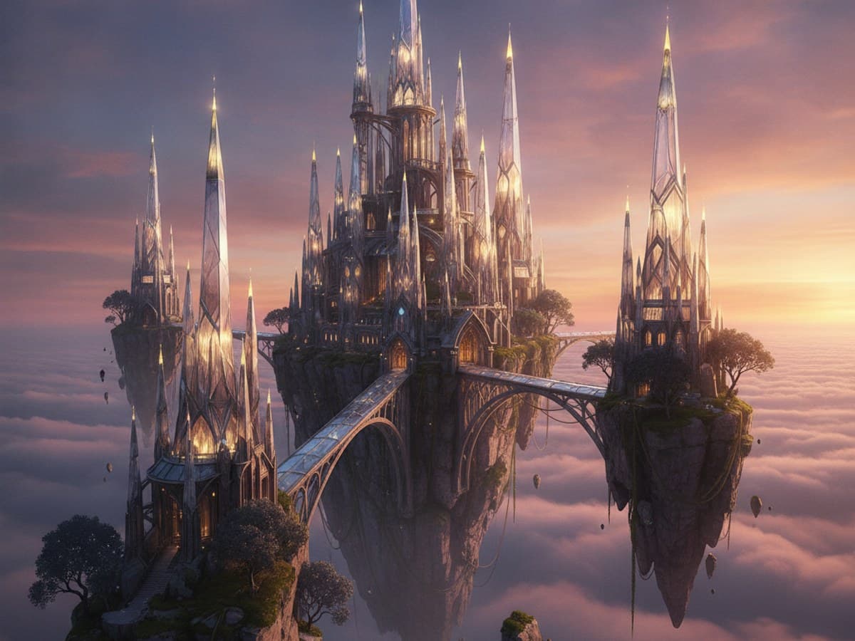 Soaring skyborne crystalline citadel with arched bridges perched on mountain spires above soft clouds