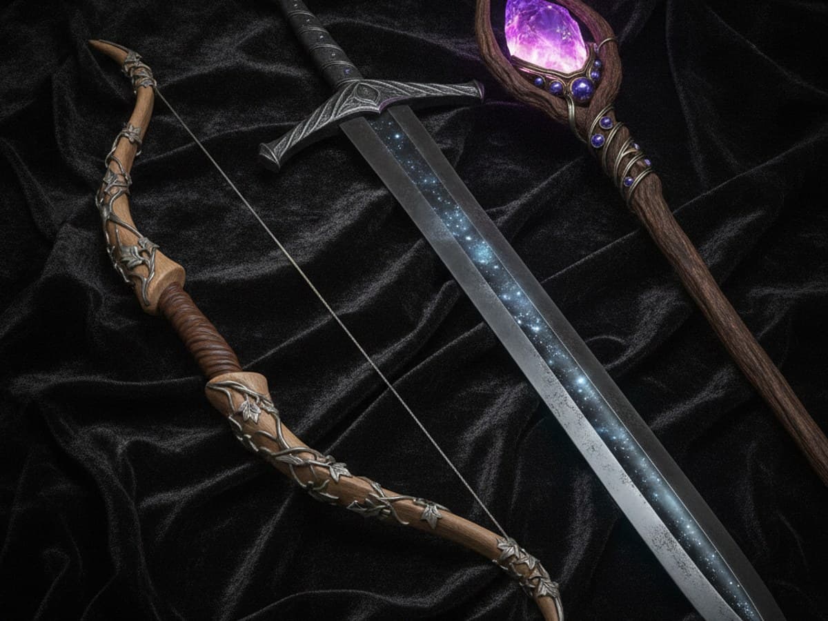Masterwork fantasy weaponry display: runic Damascus steel greatsword, silver elven recurve bow, and archmage staff