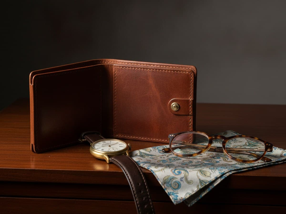 Curated leather goods vignette: vegetable-tanned chestnut leather wallet, vintage brass watch, and tortoiseshell glasses