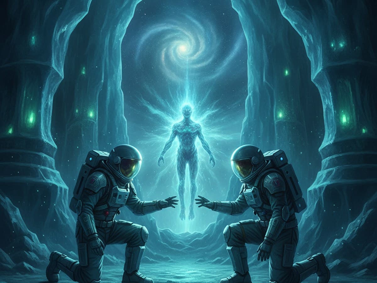 First contact keyframe: astronauts reaching toward an ethereal glowing bioluminescent organism inside an ice cavern