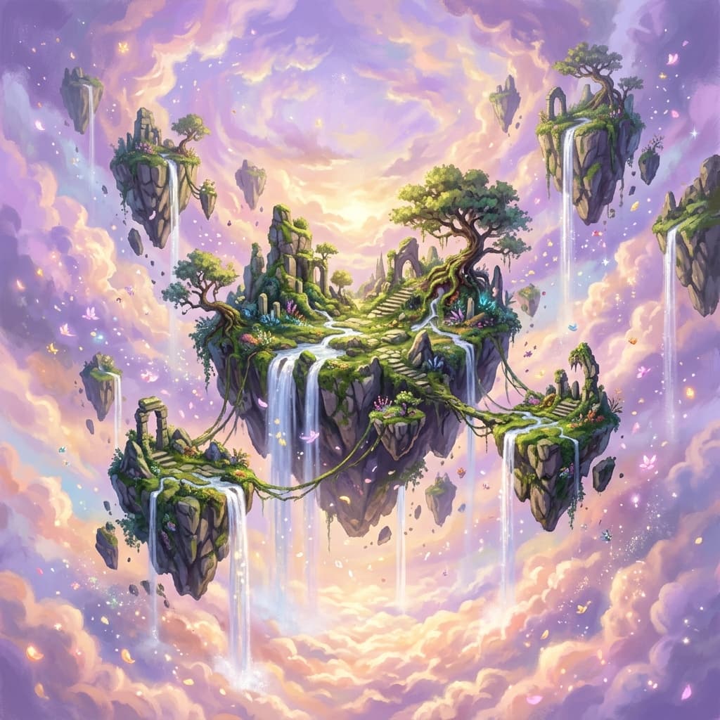 Levitating floating islands with waterfalls cascading into pastel clouds