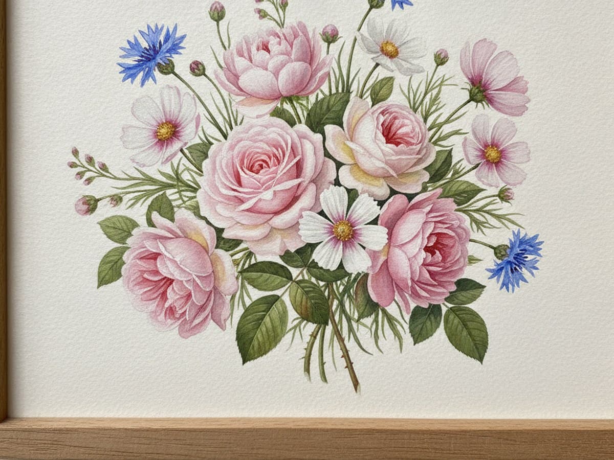 Botanical illustration of blooming English garden roses, peonies, cosmos, and wild cornflowers on textured paper