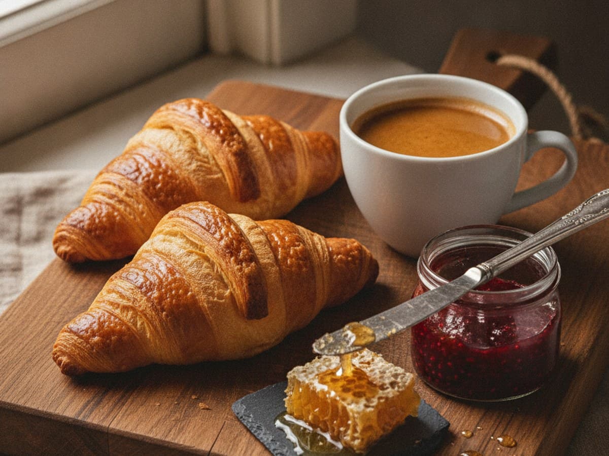 Artisanal breakfast still life with golden flaky croissants, espresso with crema, and raspberry jam on rustic oak