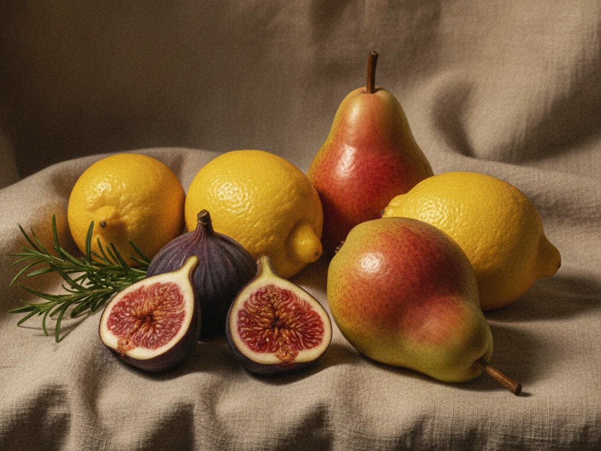 Seasonal harvest still life with sliced ripe purple figs, yellow Meyer lemons, and Bartlett pears on linen