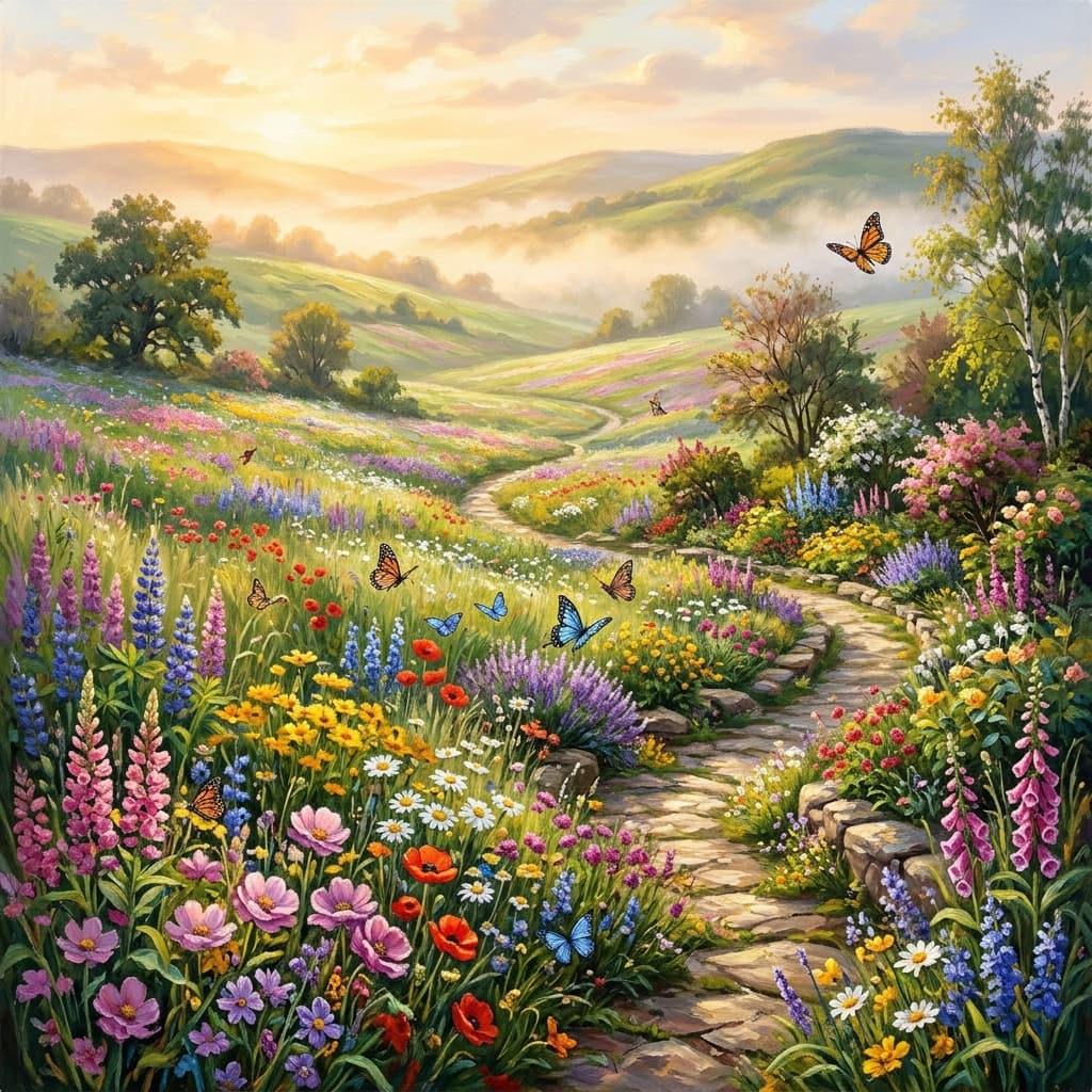 Blooming wildflower meadow and botanical flower garden