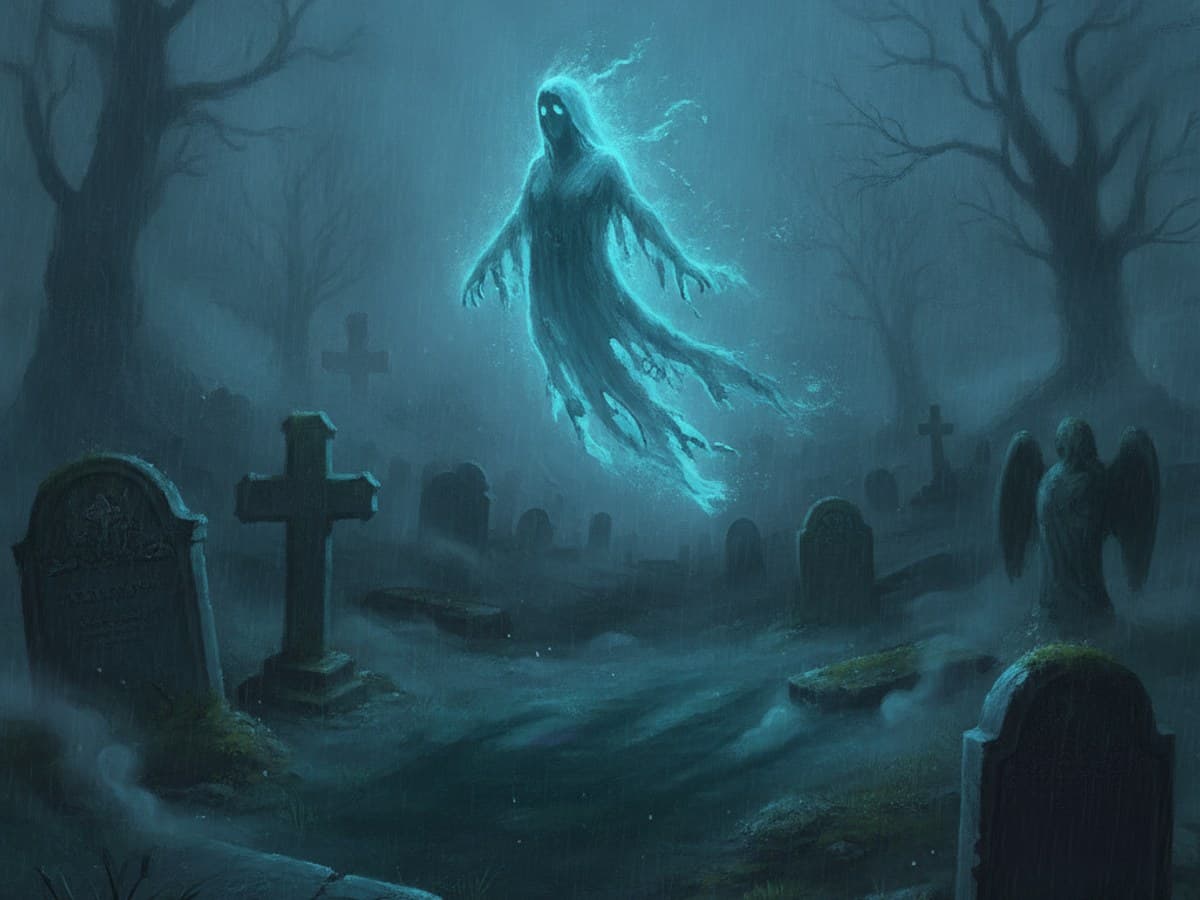 Translucent mourning phantom drifting through an ancient foggy cemetery with cyan spectral luminescence