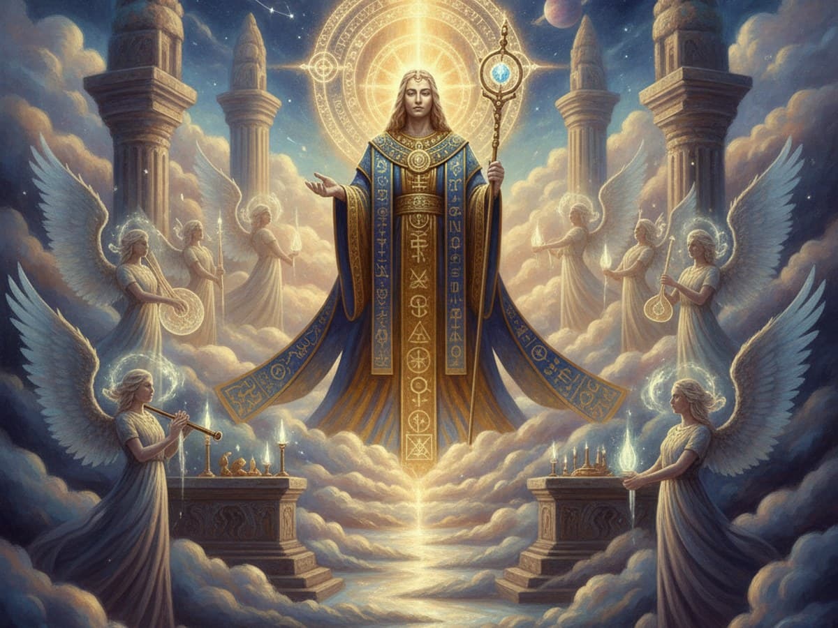 Celestial deity radiating divine golden light and sacred geometry in a heavenly cloud sanctuary