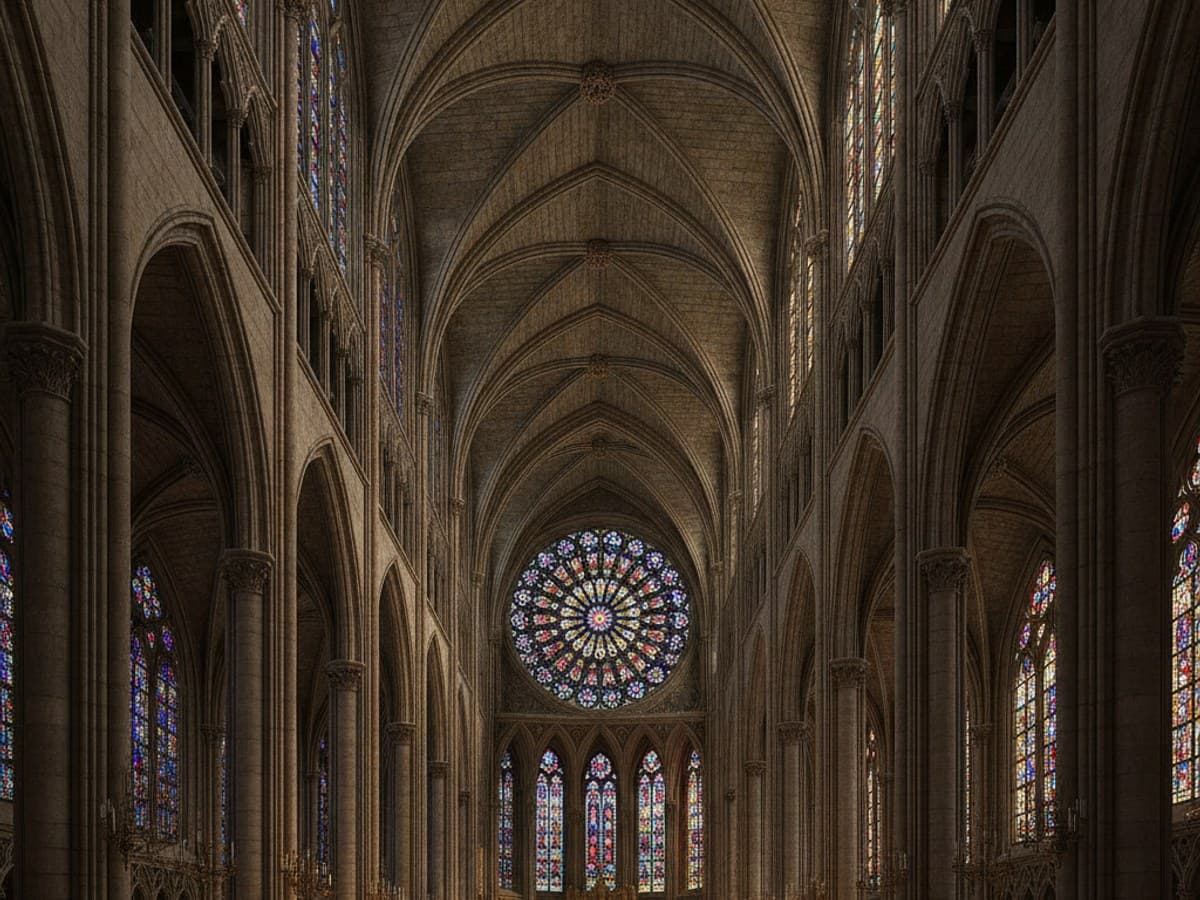 High Gothic cathedral with ribbed stone vaults, pointed arches and illuminated stained glass rose window