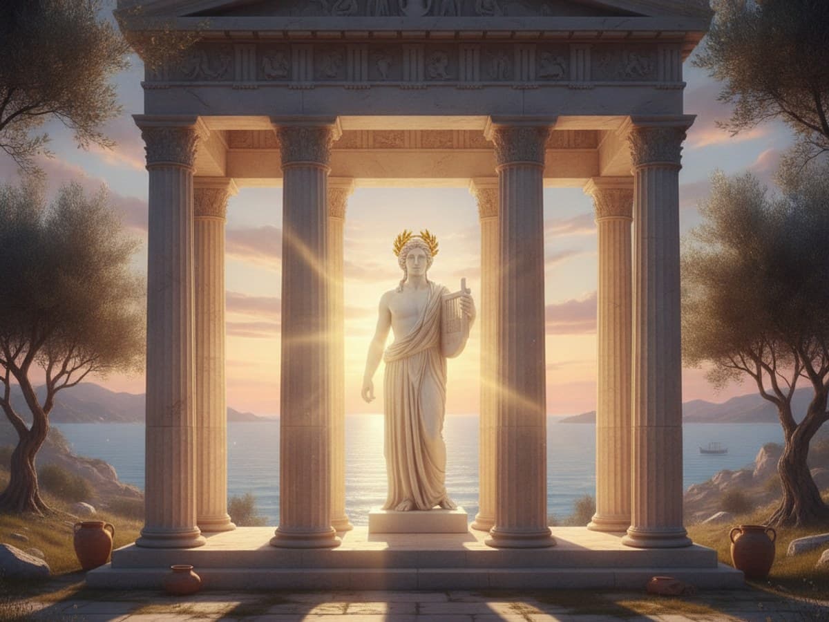 Classical Olympian temple colonnade overlooking the Aegean Sea with statues in dawn sunlight