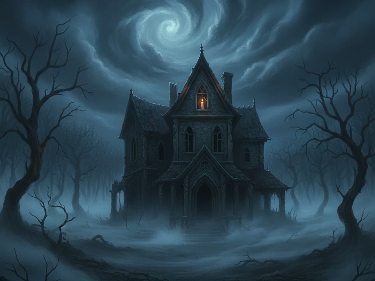 Abandoned crumbling Victorian gothic manor surrounded by twisted leafless trees and midnight mist with one lit attic window