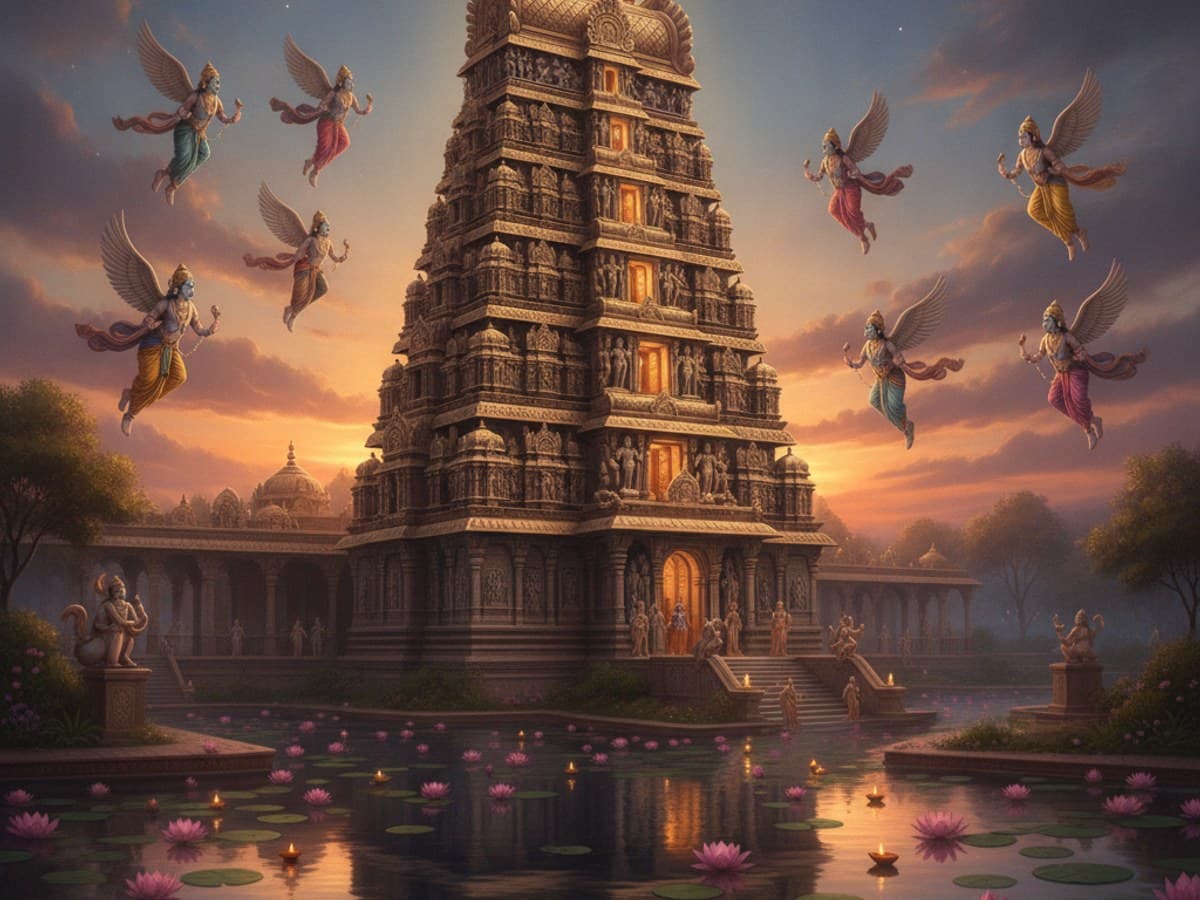 Intricate ornate Hindu temple gopuram with sacred lotus ponds and divine golden twilight radiance