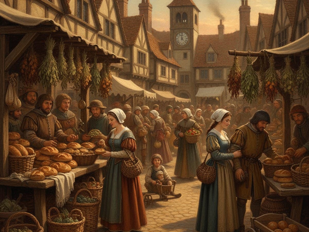 Lively medieval town market square with wooden vendor stalls, craftsmen, fresh goods and timber houses