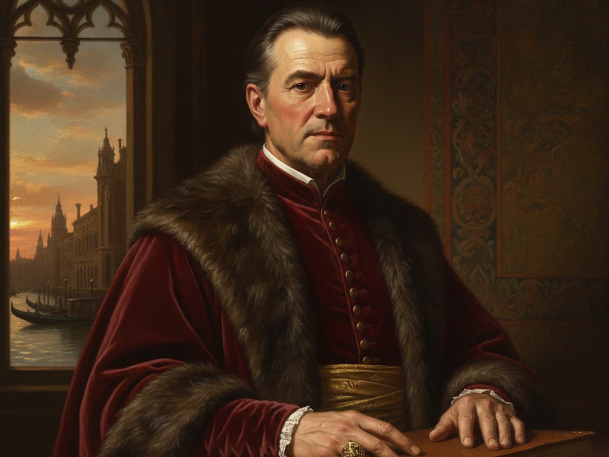 Period oil portrait study of a Venetian noble in crimson velvet robes with subtle chiaroscuro lighting