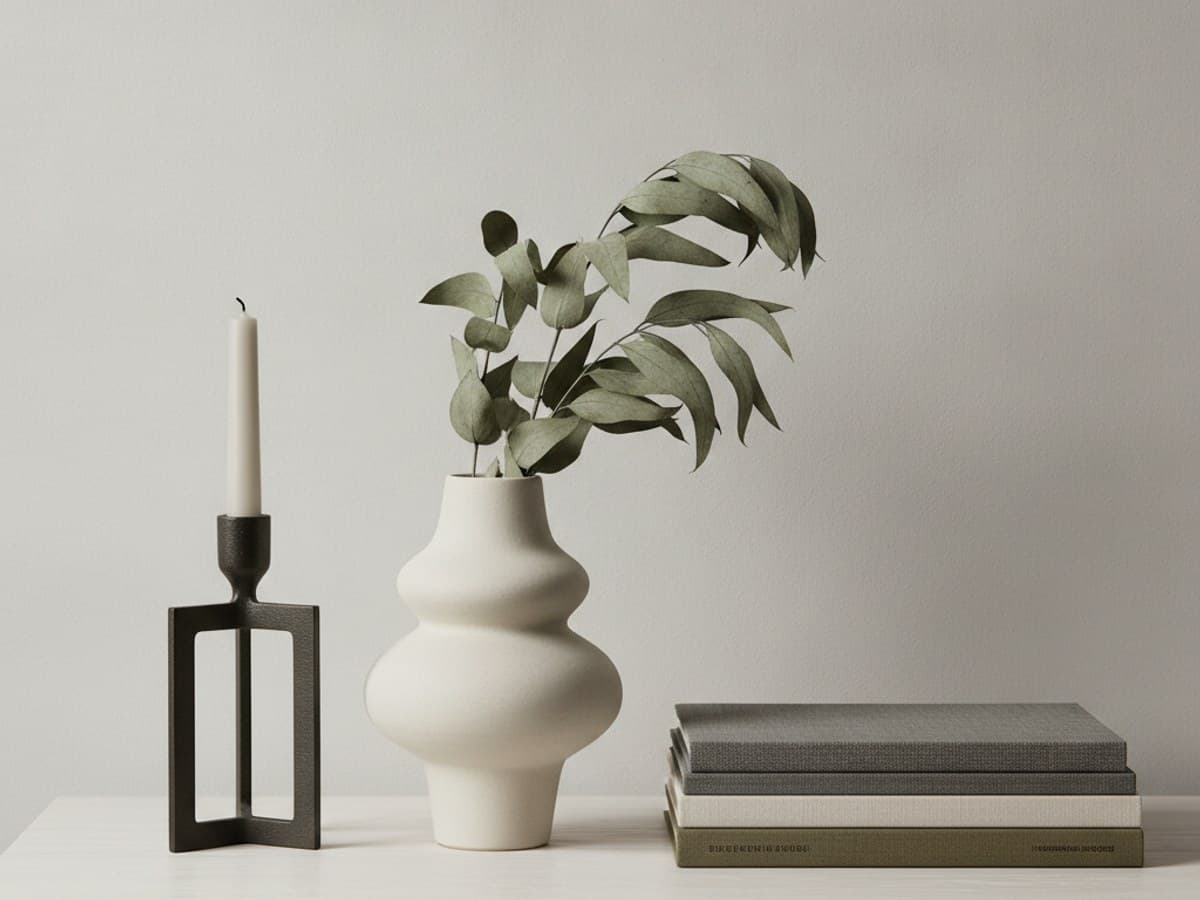 Modern home decor still life: ribbed ceramic vase with dried eucalyptus, blackened iron taper holder, and art books