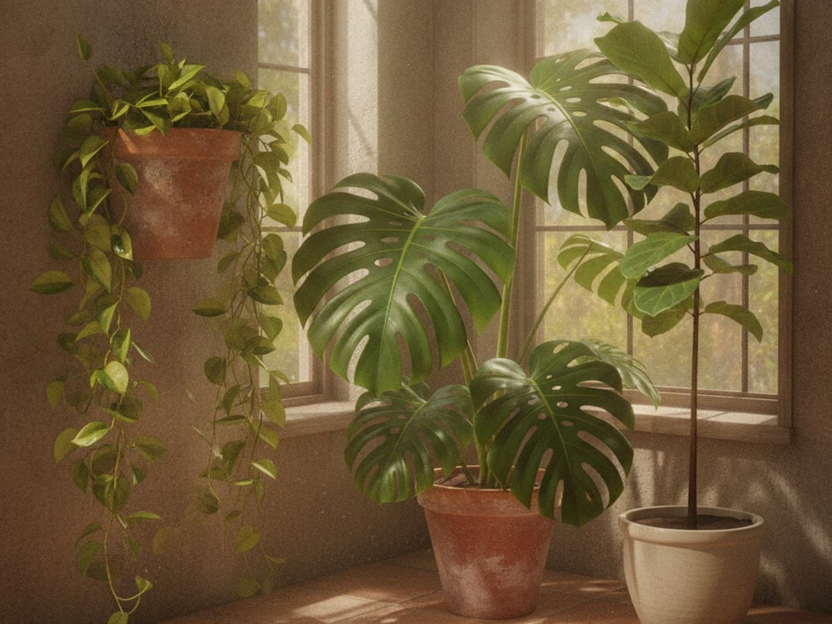 Sunlit greenhouse still life with thriving potted monstera, golden pothos, and fiddle-leaf fig in terracotta planters