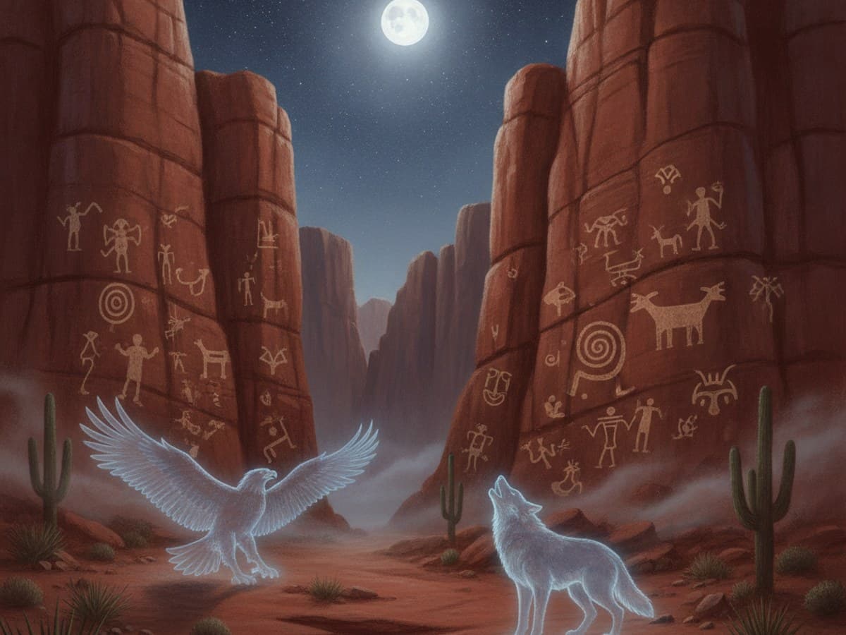 Sacred red rock canyon bluffs with glowing ancestral petroglyphs and spirit animals beneath starlight