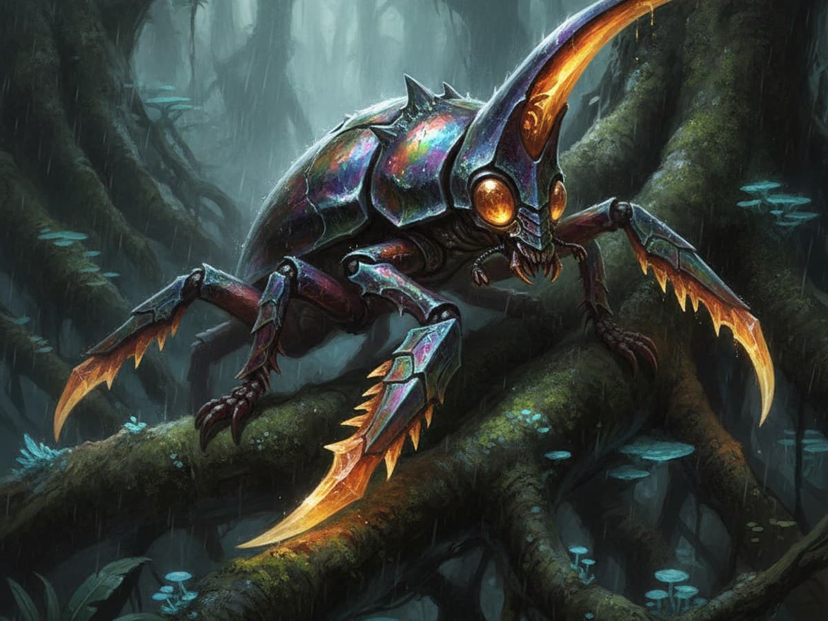 Armored chitinous scarab beetle and mantis arthropod creature on mossy tree roots