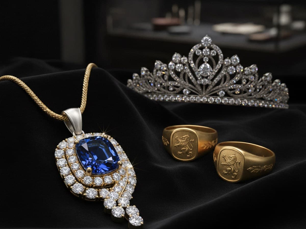 Royal heirloom fine jewelry: platinum sapphire pendant necklace, engraved signet rings, and antique gold tiara on velvet