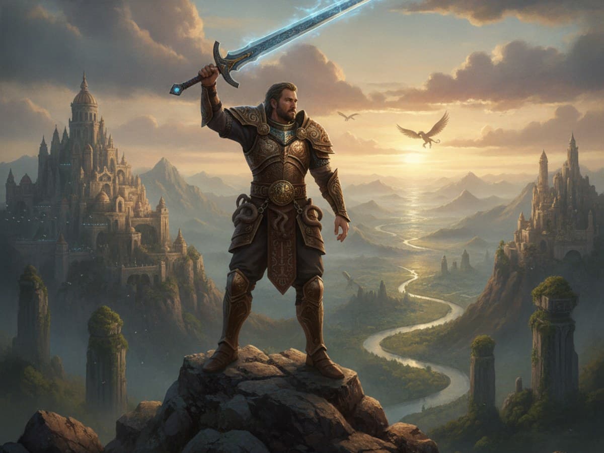 Mythological hero in ornate bronze armor holding an heirloom sword on a dramatic summit at sunrise