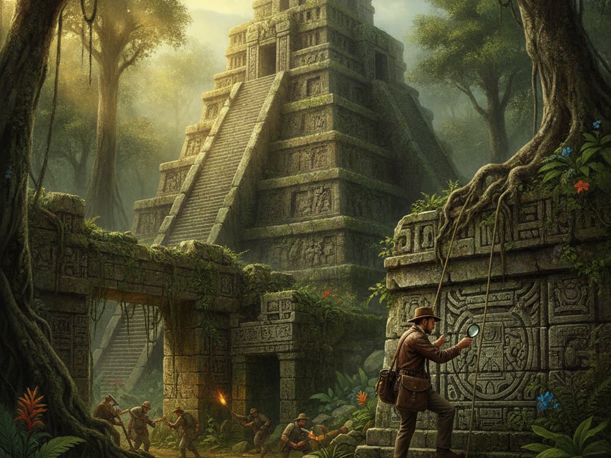 Ancient lost stone pyramid city half-submerged in lush forgotten jungle canopy with sunbeams in morning mist