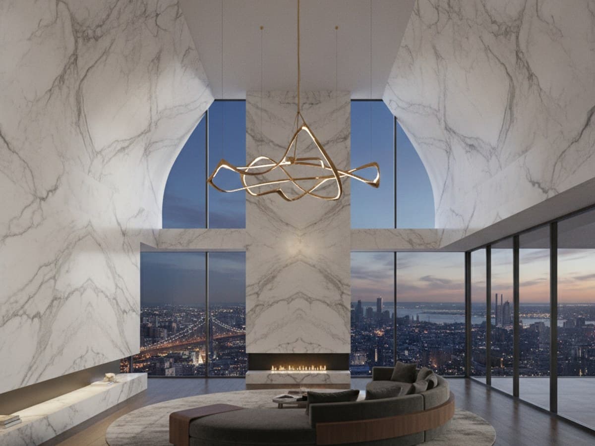 High-ceilinged luxury penthouse salon with bookmatched marble walls, brass chandelier and city view