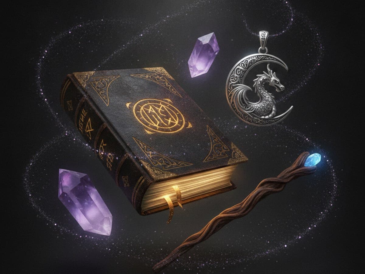 Enchanted magical relics: floating illuminated runic grimoire, glowing amethyst crystals, silver talisman, and elder wood wand