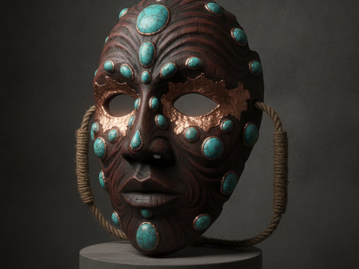 Carved ceremonial relic mask of aged dark mahogany with raw turquoise inlays, beaten copper leaf, and woven ties