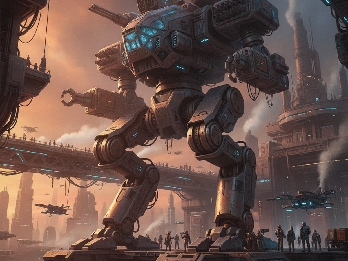 Colossal bipedal combat walker mech standing on a futuristic industrial gantry platform