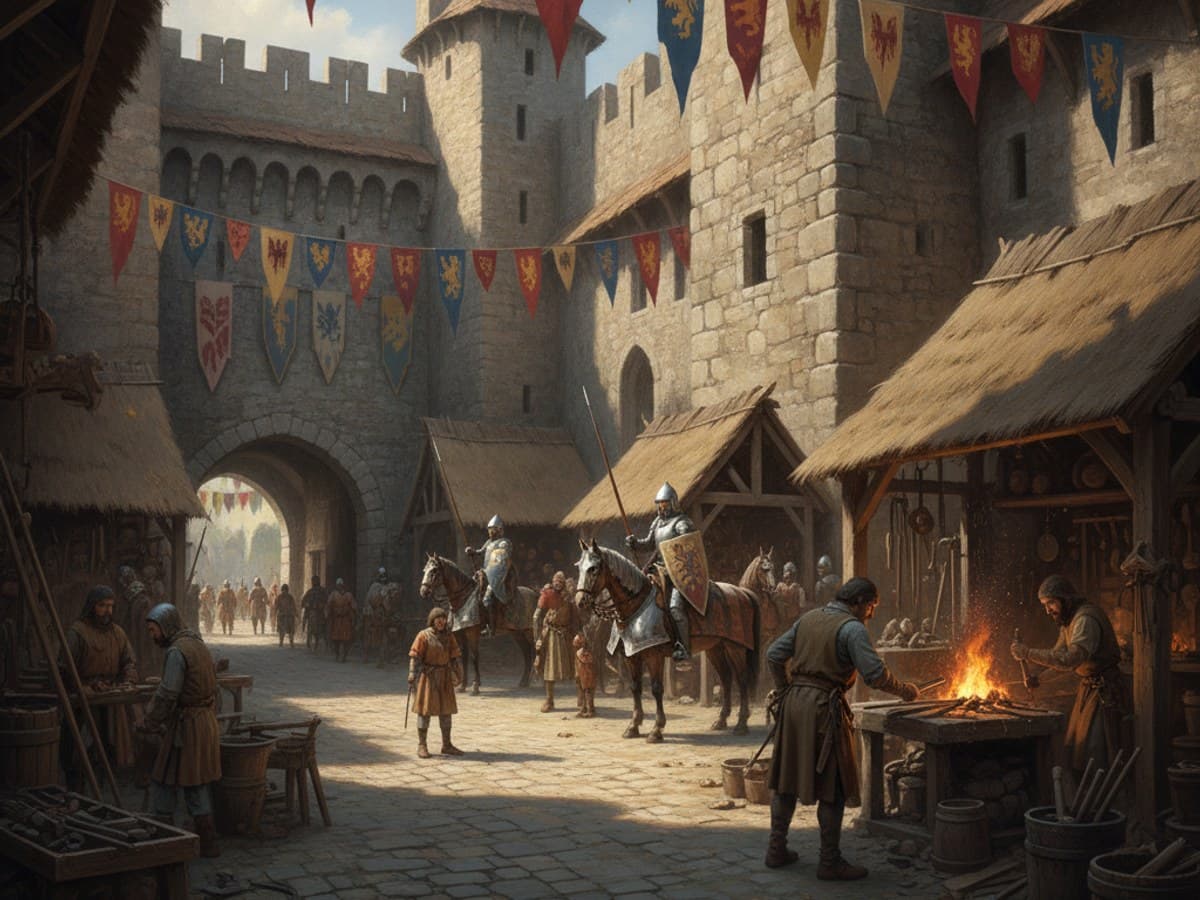 Medieval stone castle courtyard with blacksmith forge, heraldic banners and knights on cobblestones