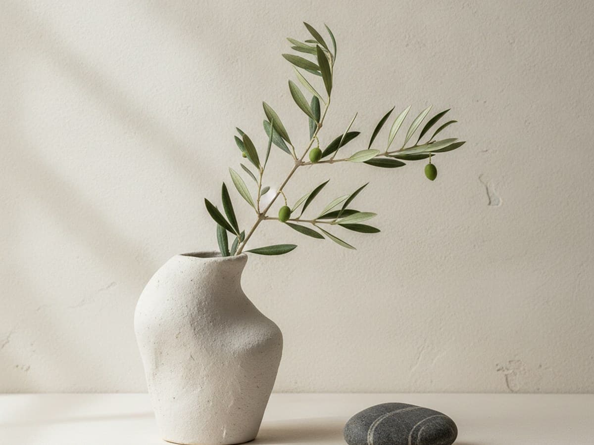 Japanese wabi-sabi minimalist still life: single olive branch in an off-white ceramic vase with river stone and negative space
