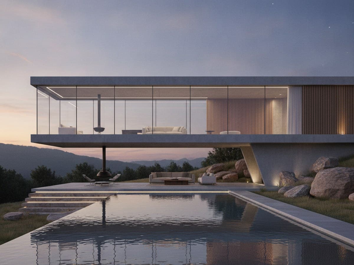 Minimalist luxury cantilevered villa with floor-to-ceiling glass walls, warm cedar and reflecting pool