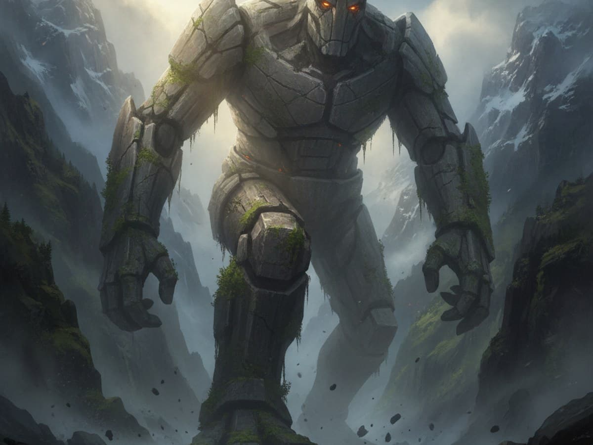 Colossal ancient stone colossus behemoth monster striding through a misty mountain valley