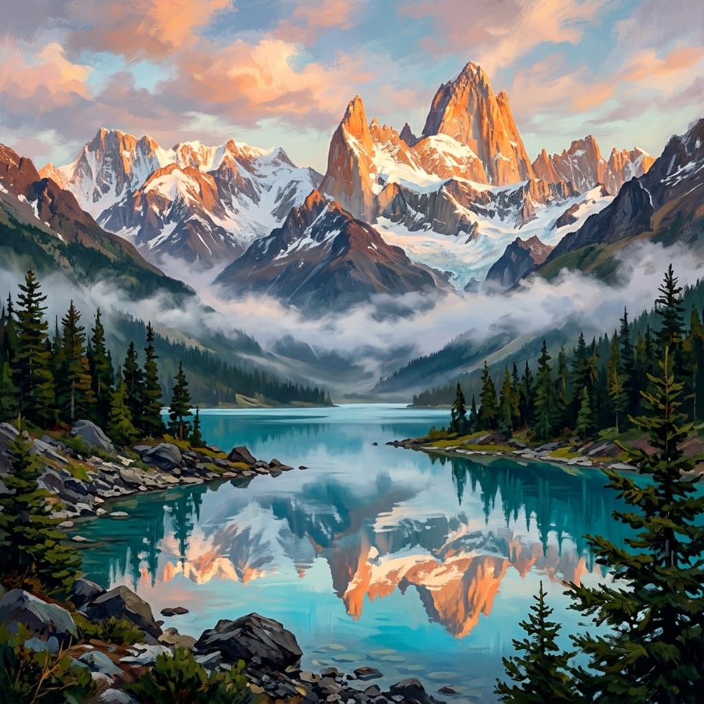Snow-capped alpine peaks reflecting in glacial lake