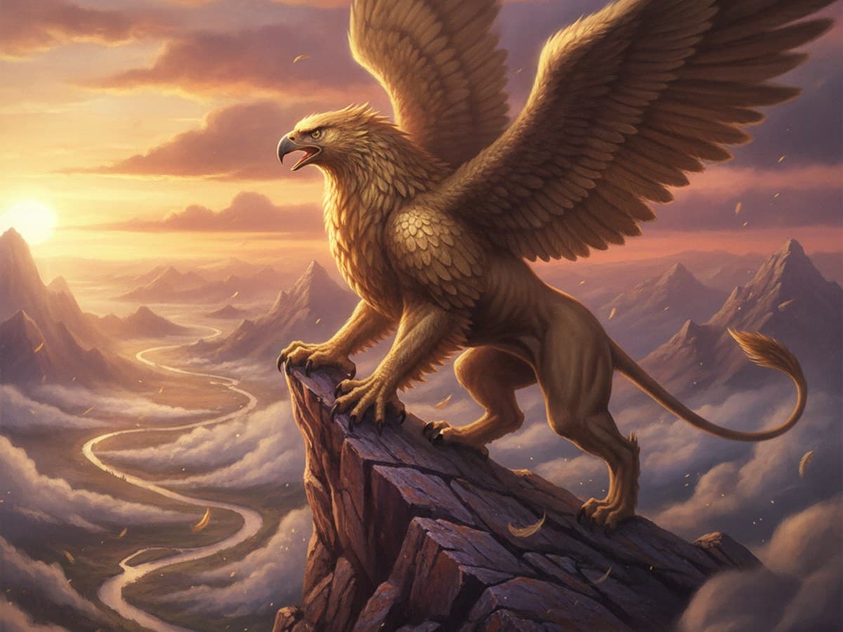 Majestic mythical griffin creature with golden feathers and lion body on a mountain cliff
