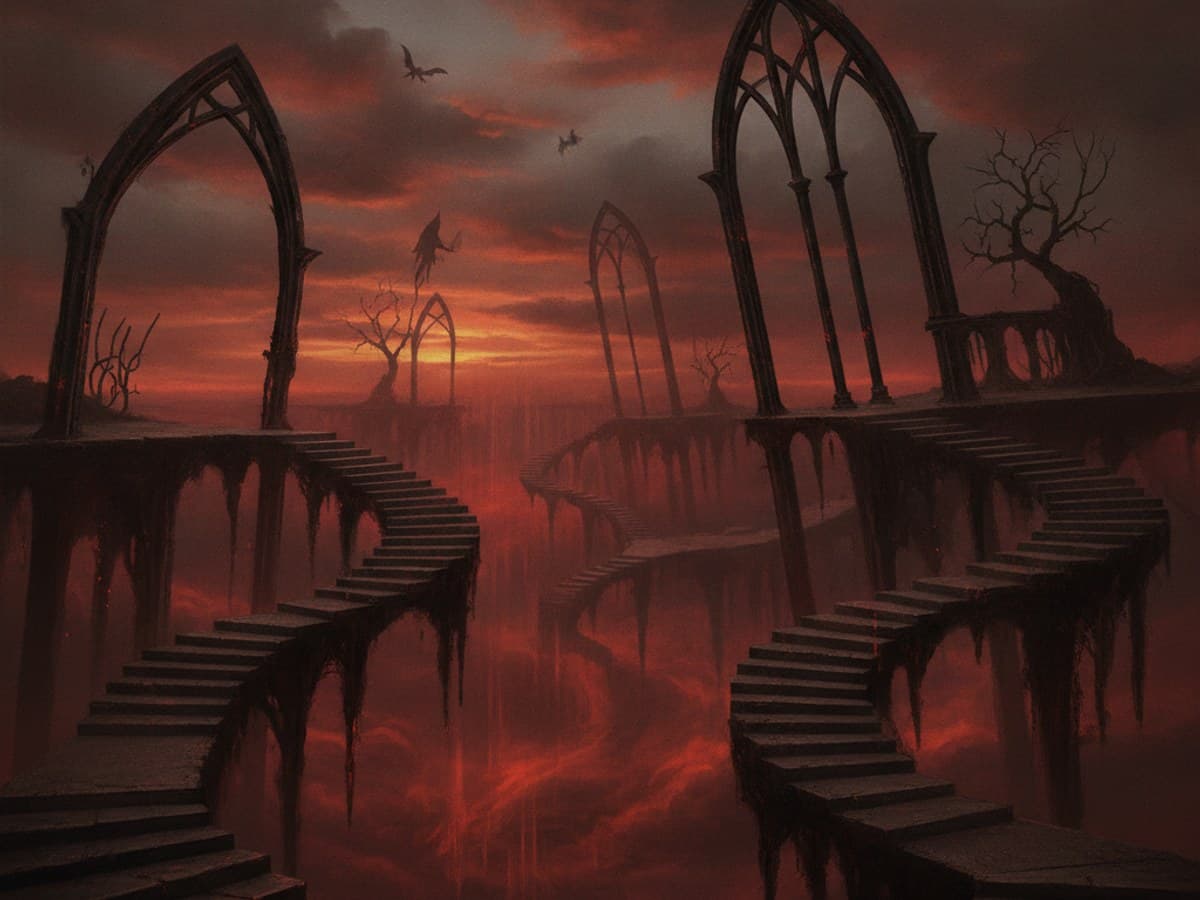 Nightmare world with impossible winding stone staircases suspended over an abyss of red ash and fog under bruised skies